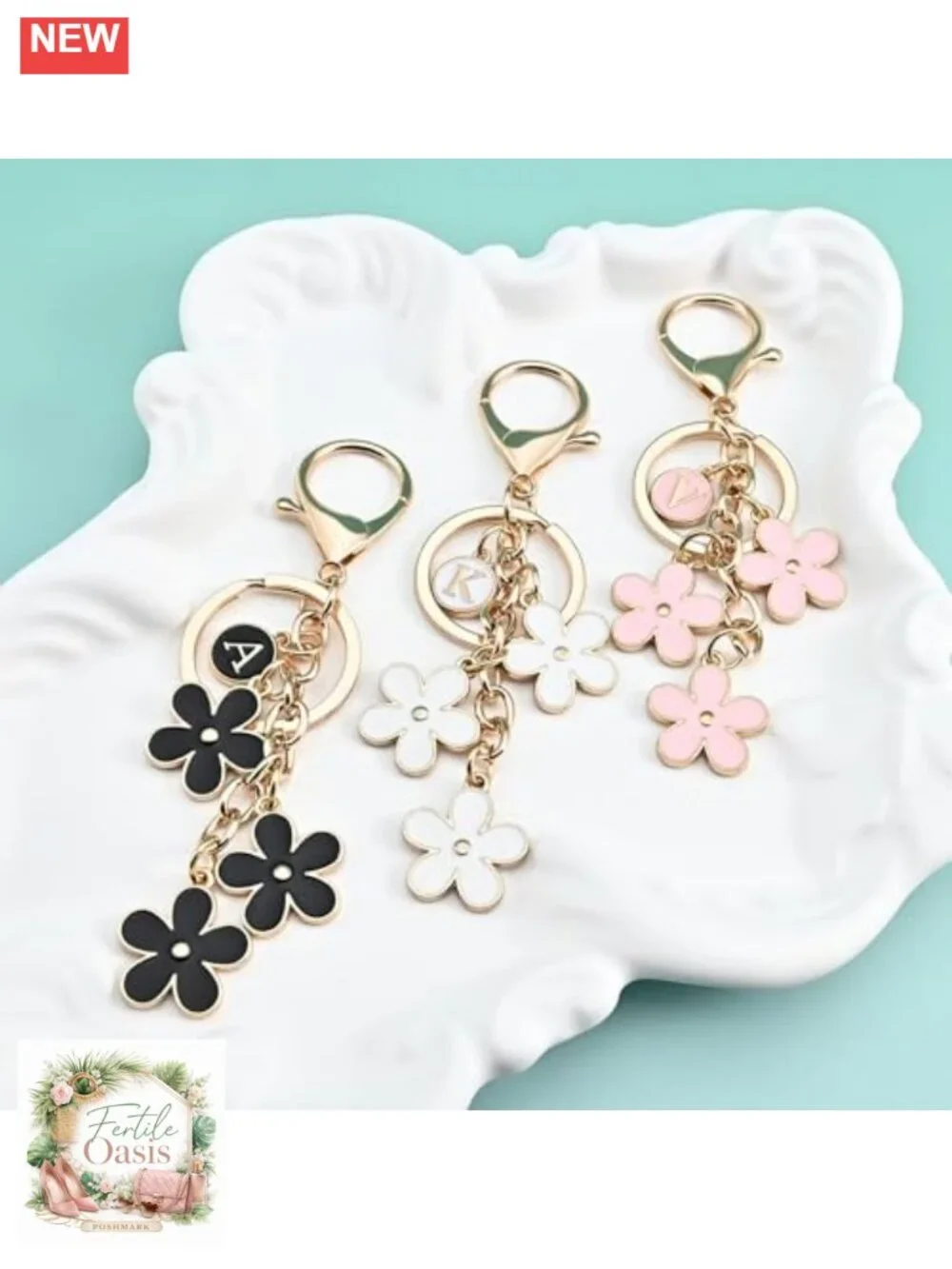 Personalized Initial Keychain Bag Charm Floral Zinc Alloy Gift